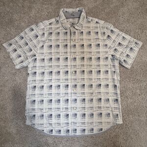Tommy Bahama Island Zone Shirt Men L Large Silk Blend Cream Blue Gray Geometric